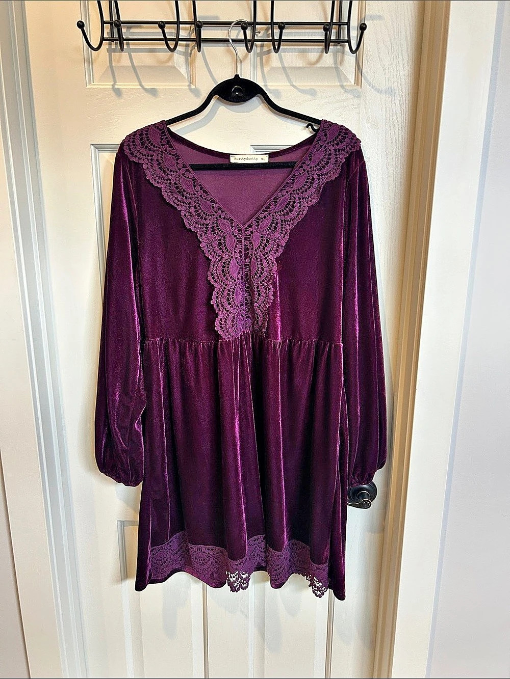 Rusttydustty Velvet Lace Trim Mini Dress in Purple 1XL Like New